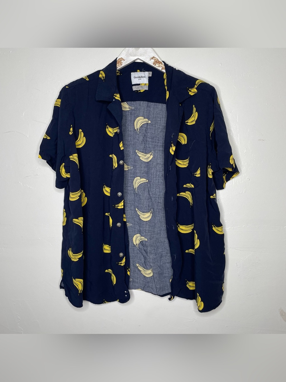 BANANA PRINT NAVY BLUE & YELLOW BUTTON DOWN SHIRT SZ XL